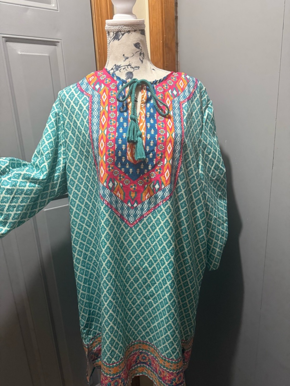 Teal Printed Tunic Dress with Colorful Embroidered Yoke (Urban Coco)